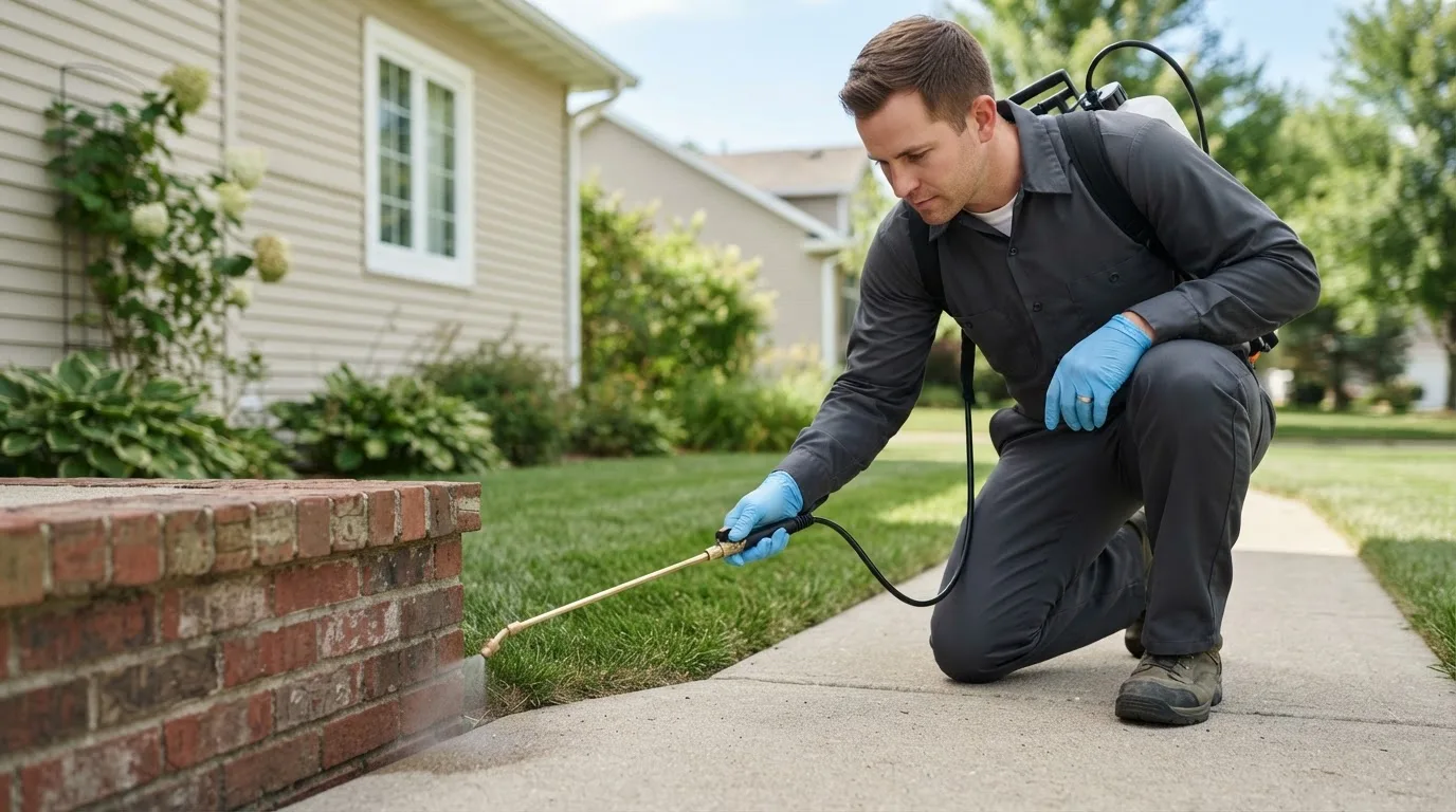 Pest control technician treating a home near Mason City, IA