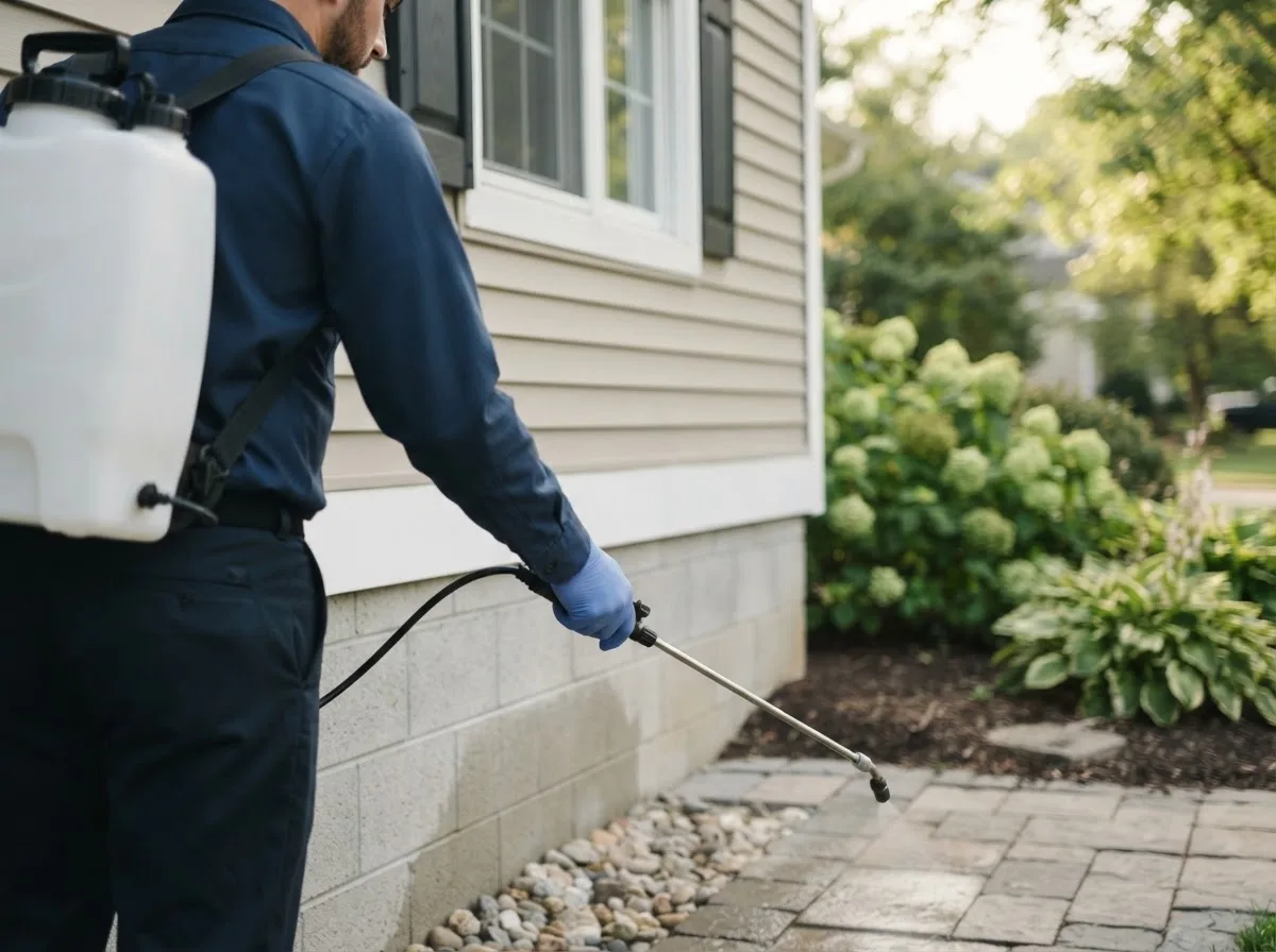 Pest control technician inspecting a home in Mason City, IA